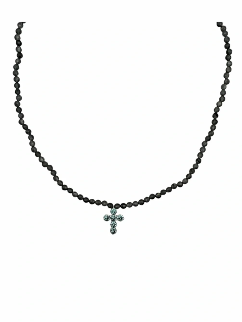 Vintage NOS 925 Sterling Silver Swarovski Crystal Cross Gray Beaded Necklace